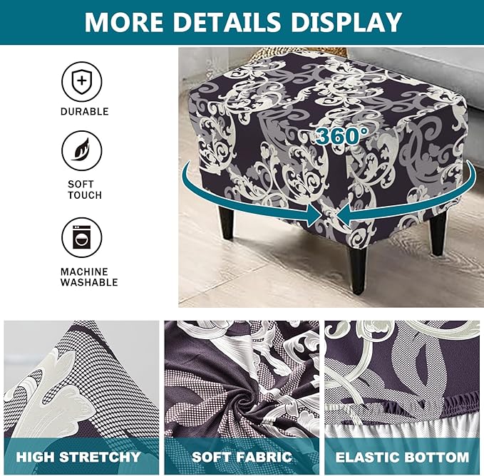 KRFOONN Stretch Ottoman Cover Slipcovers Rectangle Fit Length 55"-63" Footrest Stool Covers Printed Ottoman Cover for Foot Stool Furniture Protector with Non Slip Elastic Bottom, Color 31