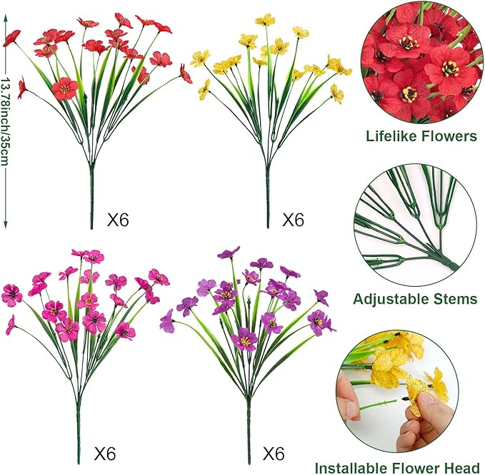 Ouddy Decor 24 Bundles Artificial Flowers for Outdoors Fake Silk Flowers UV Resistant Faux Plastic Plants for Indoor Outdoor Vase Box Garden Porch Window Box Home Spring Summer Decor, Multicolor