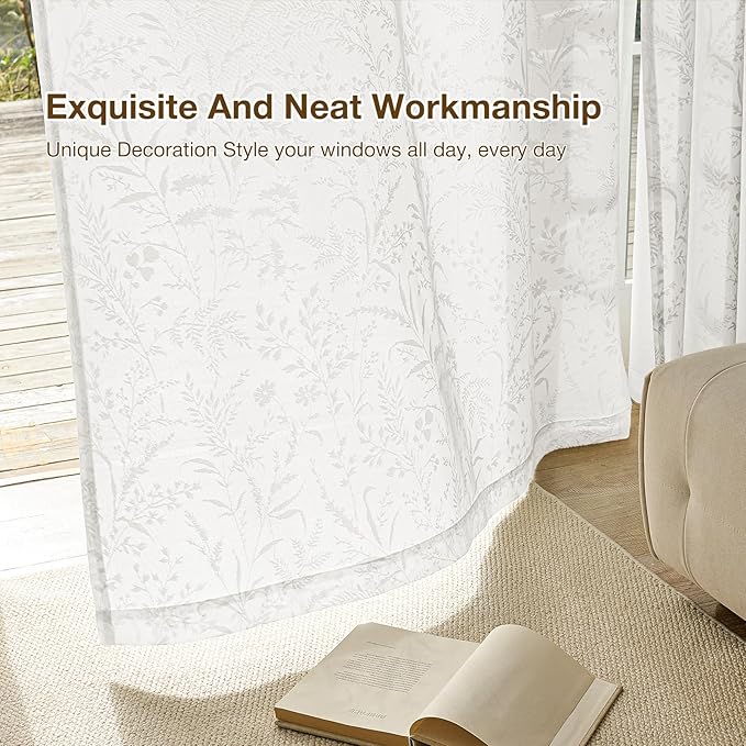 Anmao White Semi Sheer Light Filtering Curtains 54 Inches Long 2 Panels, Leaf Pattern Drapes for Living Room Bedroom, Rod Pocket Sheer Window Treatments with Floral Design, 52x54 Inch