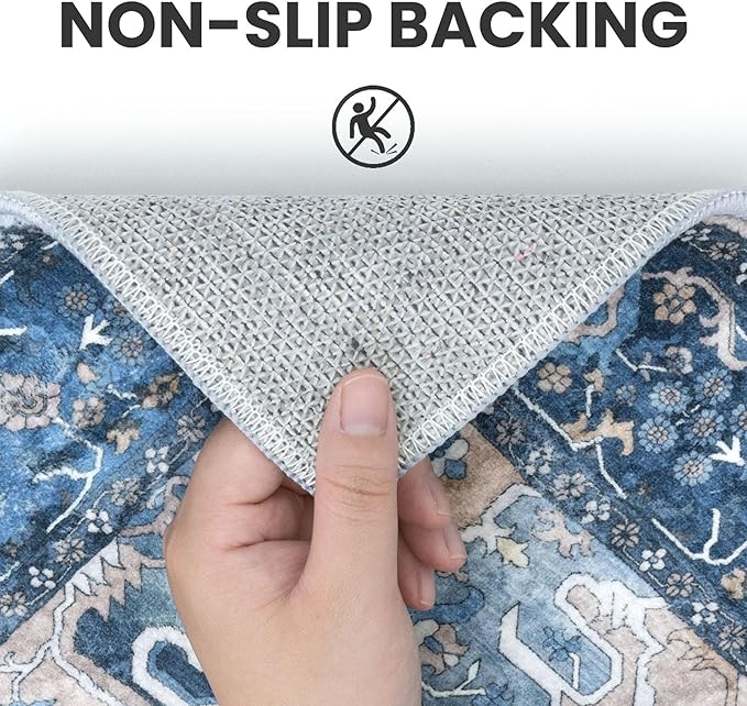 2x3 Washable Area Rug, Blue Soft Rug for Entryway, Non-Slip Indoor Door Mat Boho Low-Pile Kitchen Rugs, Floor Vintage Carpet for Entrance Kitchen Bedside Farmhouse