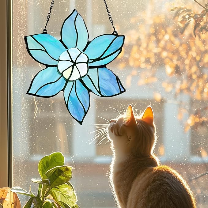 Stained Glass Window Hanging - Blue Christmas Flower Suncatcher for Doors Garden Kitchen Floral Sun Catchers Home Decor Birthday Holiday for Women Aunt Mom Nana Gardener