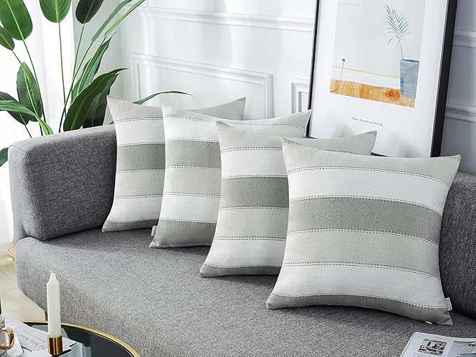 AmHoo Pack of 2 Farmhouse Stripe Check Throw Pillow Covers Set Case Cotton Linen Decorative Pillowcases Cushion Cover for Couch Bench Sofa 20x20Inch Light Grey Beige