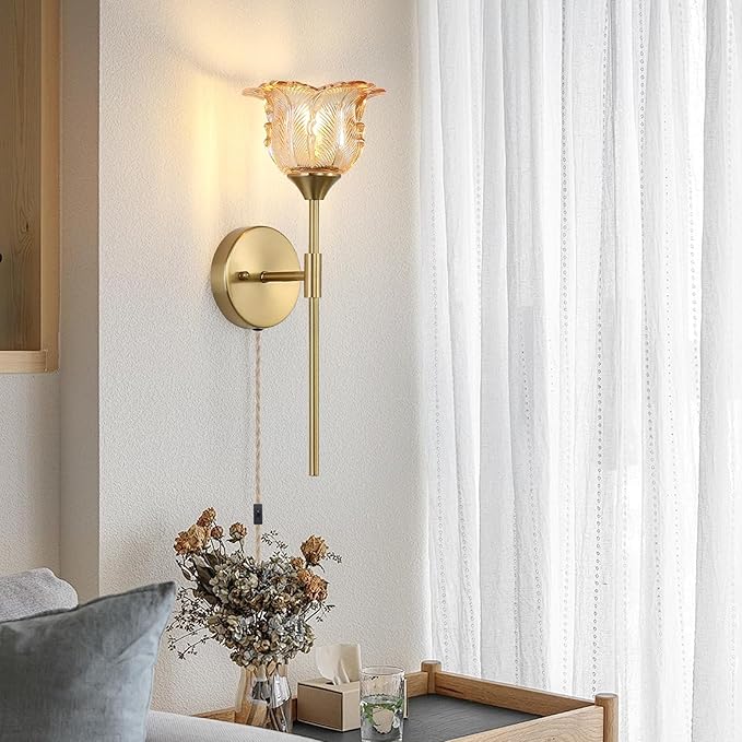 Plug in Gold Wall Sconce Set of 2 with Amber Glass Shades, Modern Mid Century Bathroom Vanity, Wall Light Fixtures, Brushed Brass Wall Lamp, for Bedroom Mirror Living Room, ETL Listed