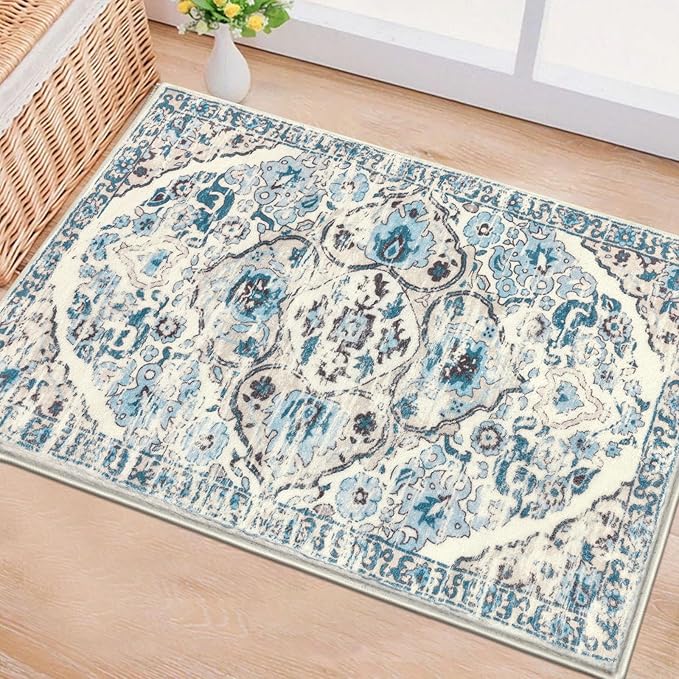 HEBE Washable Area Rug - 2'x3' Non Slip Soft Distressed Medallion Bedroom Boho Living Room Accent Throw Vintage Entry Floor Carpet for Dining Room Bathroom Entryway