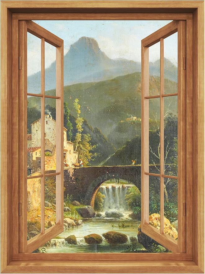 SIGNWIN Removable Wall Sticker/Wall Mural Window View Vintage European Bridge Mountain Nature Wilderness Fine Art Rustic Decorative Landscape Digital Art for Living Room, Bedroom, Office - 36"x48"