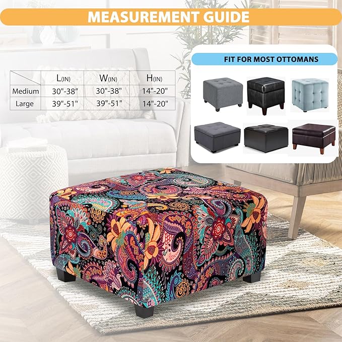 Large Ottoman Cover Square Slipcovers Printed,Stretch Footrest Stool Cover for Ottoman Square,Soft Foot Stool Cover Protector with Nonslip Elastic Bottom (Large,Purple)