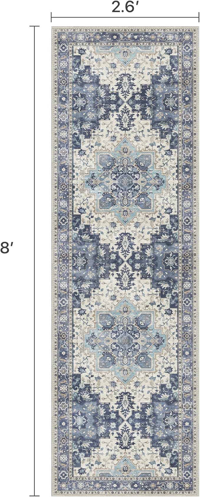 2'6''x8 Runner Rugs for Hallway, Machine Washable Non Slip Vintage Rugs, Low Pile Lightweight Soft Print Rug for enrtyway, Corridor, Home Office, Kitchen, Center Blue