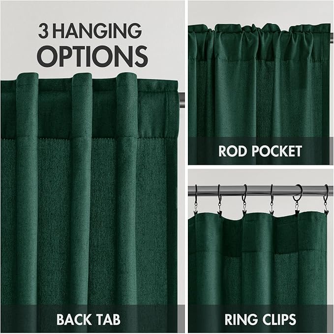 MIULEE Non-See-Through Privacy Linen Curtains 2 Panels, Christmas Emerald Green Light Filtering Window Curtains Textured Back Tab Semi Sheer Drapes for Bedroom Living Room, 52 x 90 Inches Long