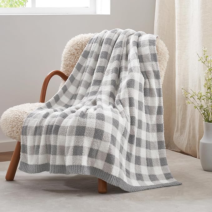 Snuggle Sac Checkered Throw Blanket for Couch, Super Soft, Cozy Warm Knit Decorative Blankets, Reversible Plaid Fluffy Throws for Sofa, Bed, Plaid Grey, 50x60 Inches