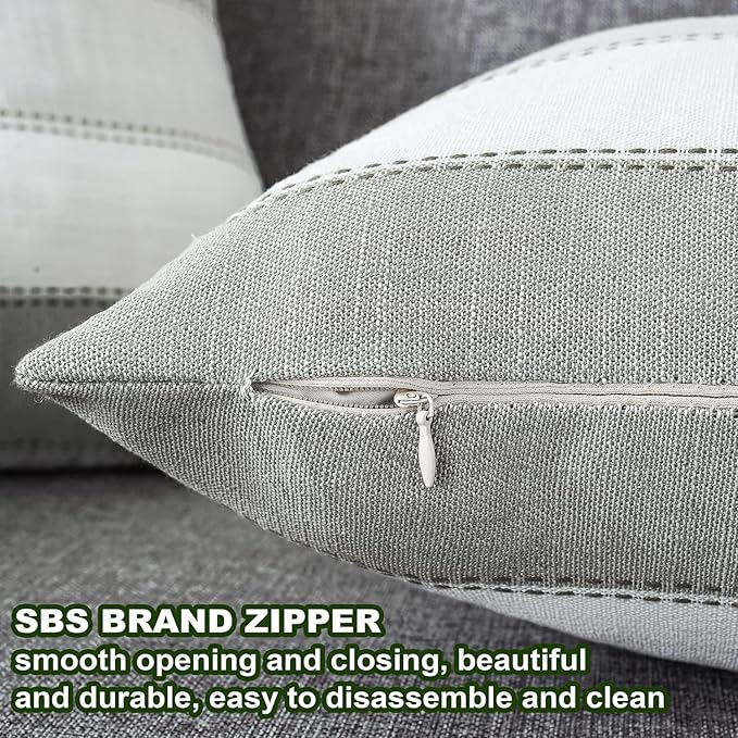 AmHoo Pack of 2 Farmhouse Stripe Check Throw Pillow Covers Set Case Cotton Linen Decorative Pillowcases Cushion Cover for Couch Bench Sofa 26x26Inch Light Grey Beige