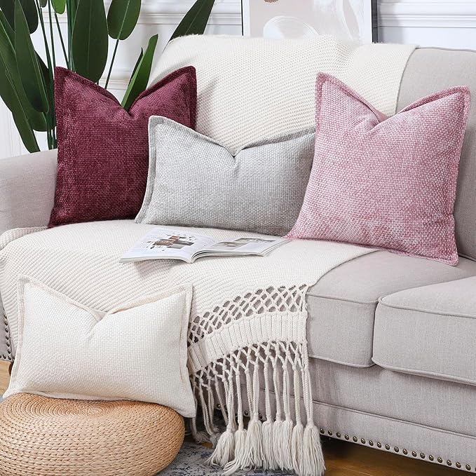 MADIZZ Chenille Velvet Throw Pillow Covers with Flange Set of 2 Super Soft Boho Textured Pillow Covers Decorative Throw Pillowcases Modern Farmhouse Home Decor for Sofa Bedroom Burgundy 20x20 Inch