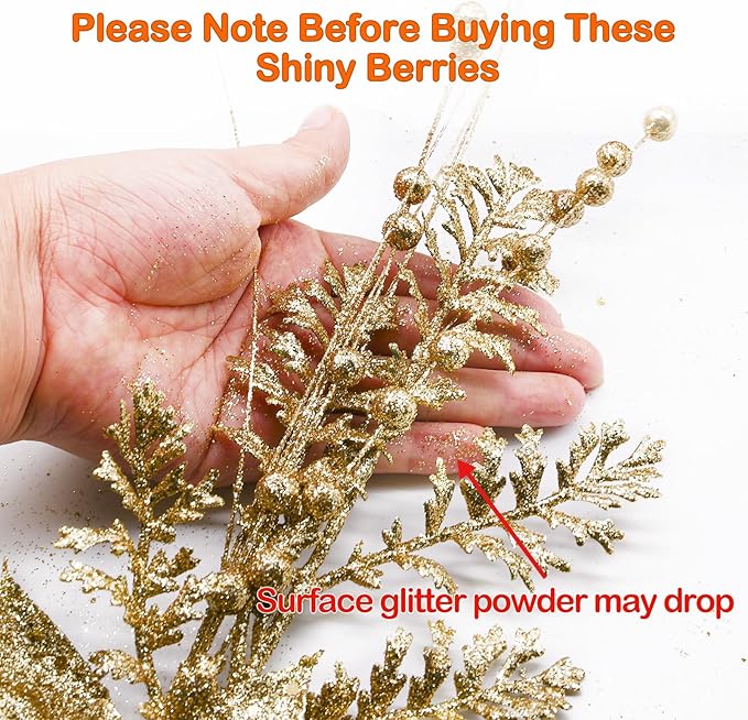 18 Pack Christmas Tree Ornaments Set, 17.5 Inch Gold Fake Christmas Picks Decorations with 2 Styles, Artificial Glitter Berry Stem Ornaments for Christmas Tree Wedding Small Vase Wreath Decor