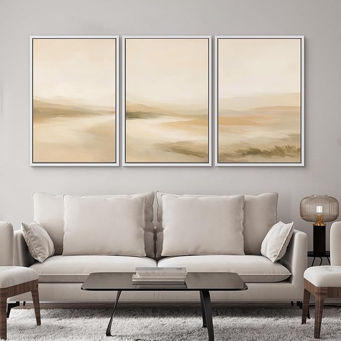 SIGNWIN Framed Canvas Print Wall Art Set Soft Beige Horizon Abstract Landscape Minimalist Neutral Illustrations Modern Art Decorative Chic Calm for Living Room, Bedroom, Office - 16"x24"x3 White