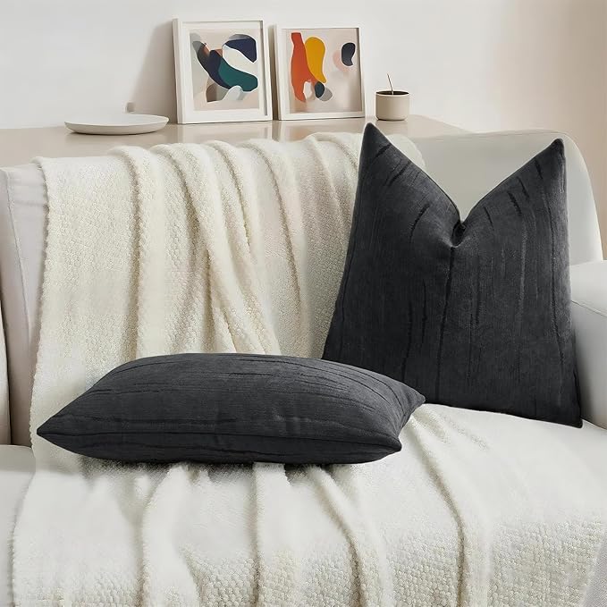 HAUSSY Black Throw Pillow Covers 26x26 Inch Set of 2, Boho Embossed Striped Textured Decorative Pillowcases Soft Chenille Cushion Cases, Modern Home Decor for Couch Bed Living Room