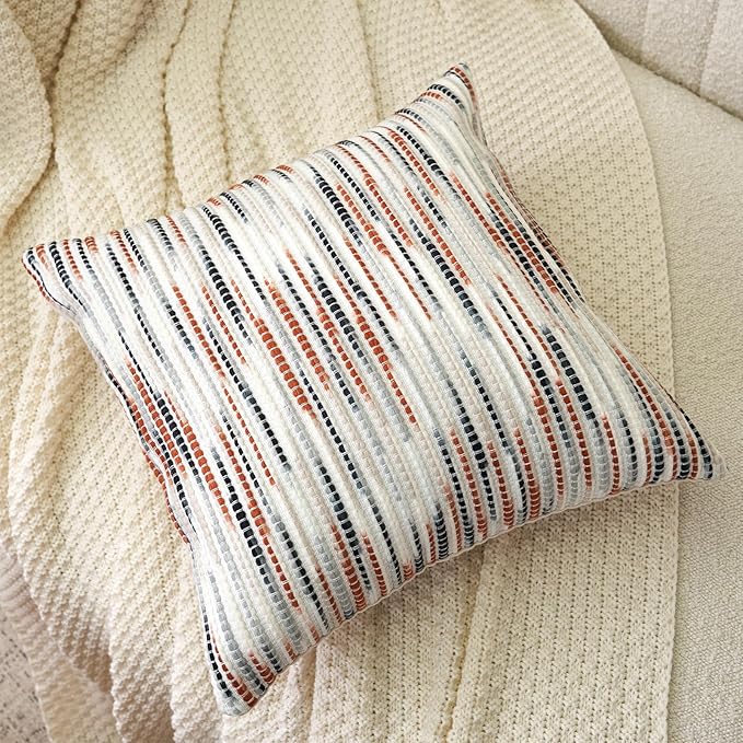 Aeckself Boho Striped Pillow Cover 24x24, Large Decorative Square Throw Pillow Cover Chenille Neutral Pillowcase for Couch Bedroom Living Room, Orange Gray