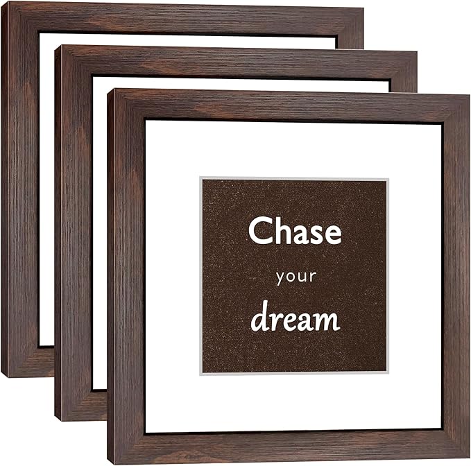 8x8 Picture Frame Set of 3 with Real Glass for Pictures 5x5 with Mat or 8x8 Without Mat, Wall Mounting or Tabletop display Photo Frames in Walnut