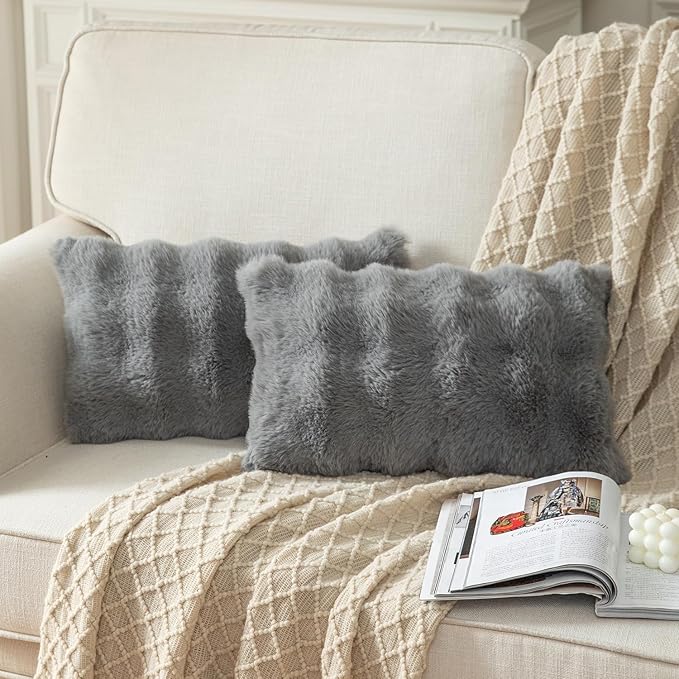 Yaertun Pack of 2 Grey Thick Soft Wool Decorative Throw Pillow Covers 12x20 Inch Faux Fur Plush Fluffy Cushion Covers for Sofa Couch Bedroom