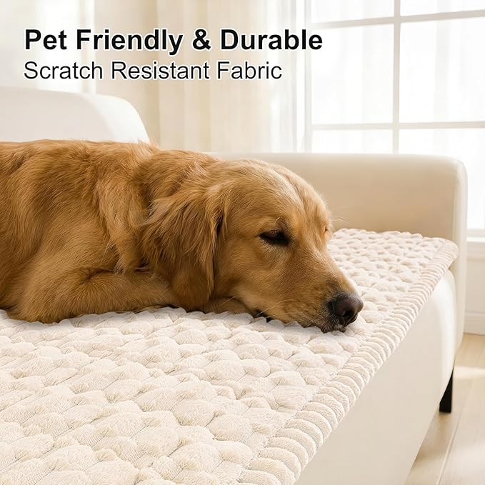 Smiry Pet Couch Cover for 3 Cushion Sofa, Non-Slip Fuzzy Couch Cover for Dogs Washable, Thick Soft Sofa Slipcovers Cushion Protector Pet Friendly (Cream, 27.6" x 82.7")