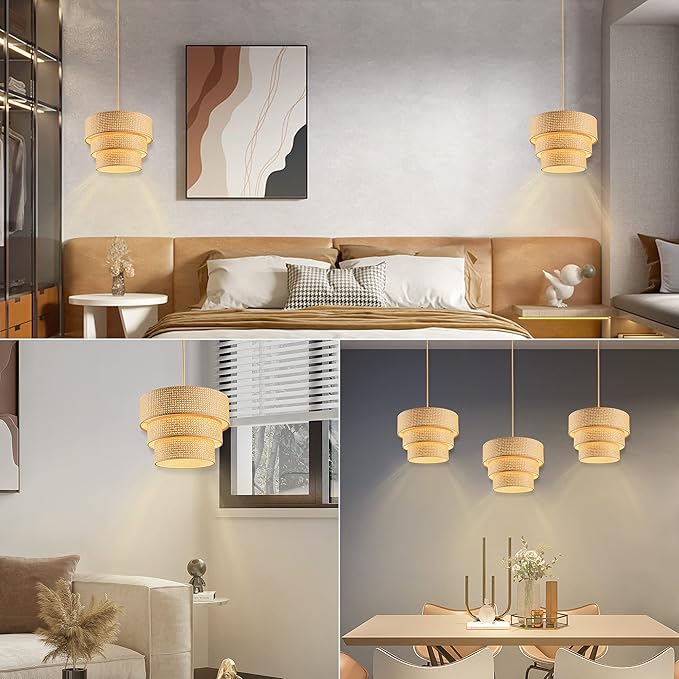 Plug in Pendant Light, Hanging Lamp with Dimmable Switch, Rattan Pendant Light Fixtures with 15 Ft Cord, Boho Lamp with Dark Yellow Shade for Bedroom, Kitchen, Living Room