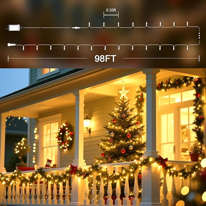 98 FT 300 LED String Lights Outdoor Indoor, Christams String Lights Waterproof 8 Modes & Timer, Fairy Lights Plug in for Bedroom, Weeding, Patio, Party, Holiday,Christmas Decor (Warm White)