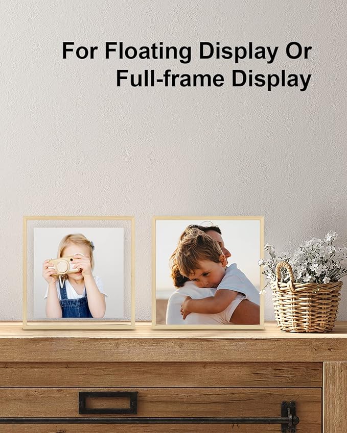 Egofine 8x8 Floating Frames Set of 2, Double Plexiglass Picture Frame, Made of Solid Wood Display Any Size Photo up to 8x8, Wall Mount or Tabletop Standing, Natural Wood