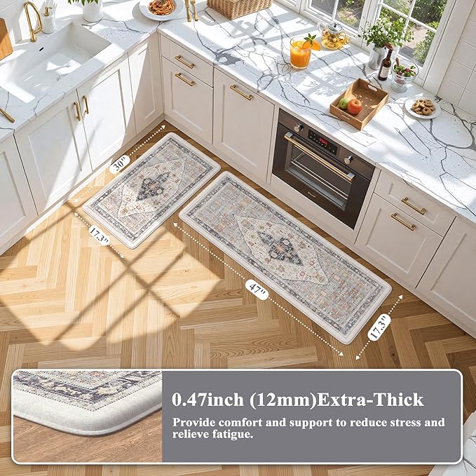 Collive Boho Floor Mats 2 PCS, Cushioned Anti-Fatigue Non-Skid Waterproof Under Sink Mat, Blue/Multi Comfort Standing Desk Mat for Office, Home & Kitchen, 17"x30"+17"x47"