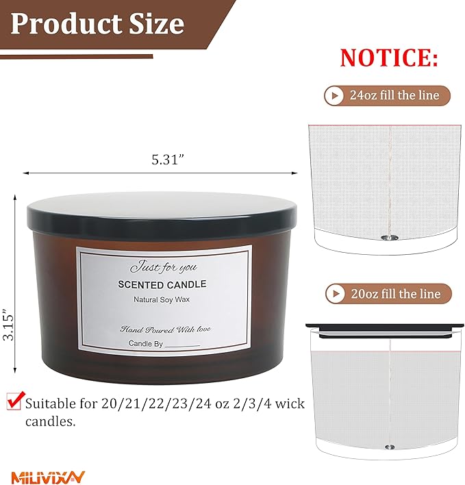 MILIVIXAY 6 Pack 24 oz Candle Jars with Metal Lids and Candle Making Kits - 3 Wick Candle Jar,Bulk Empty Frosted Amber Thick Glass Jars for Making Large Candles - Spice, Powder Containers.