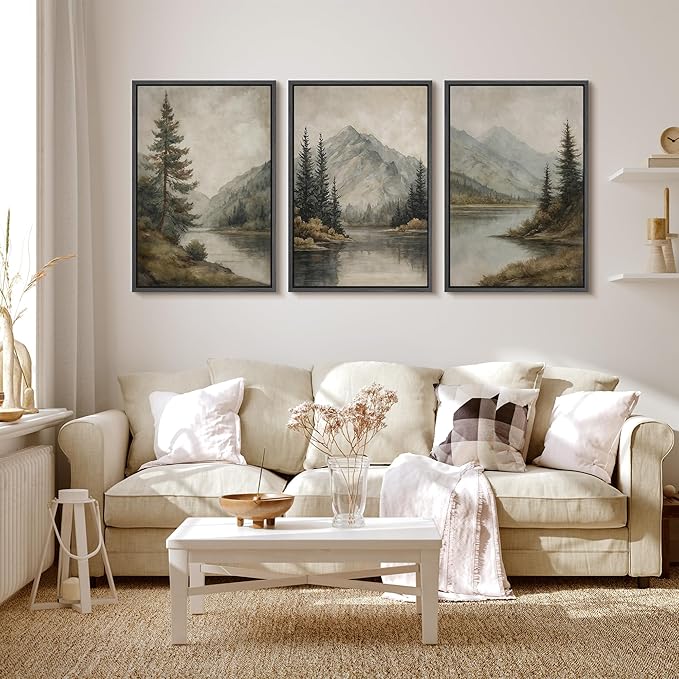 MUDECOR Framed Wall Art Print Set Mountain Landscape Nature with Trees, Lake, and Mountains, Rustic Illustrations Modern Art Decorative Colorful for Living Room, Bedroom, Office - 16"x24"x3 Black