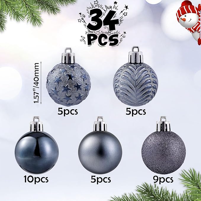 34ct Grey Mini Christmas Ball Ornaments Shatterproof Plastic Christmas Tree Decorations for Xmas Party Home Office Holiday Decor -Small Size (1.57"/ 40mm)