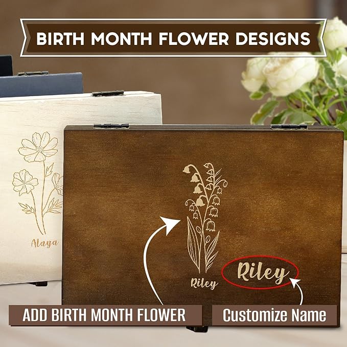 Personalized Birth Flower Memory Box Custom Engraved Wooden Keepsake Chest with Floral Design - Storage Boxes for Jewelry Photos Memento Keepsakes Customized Gifts for Women Birthday Valentine’s day