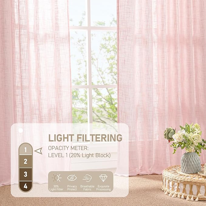 LAMIT 54 Inch Semi Sheer Window Linen Curtains, Light Filtering Panels Back Tab and Rod Pocket Country Decor Drapes for Bedroom/Girl'Room, Pink, 2 Panels, 34 x 54 Inch