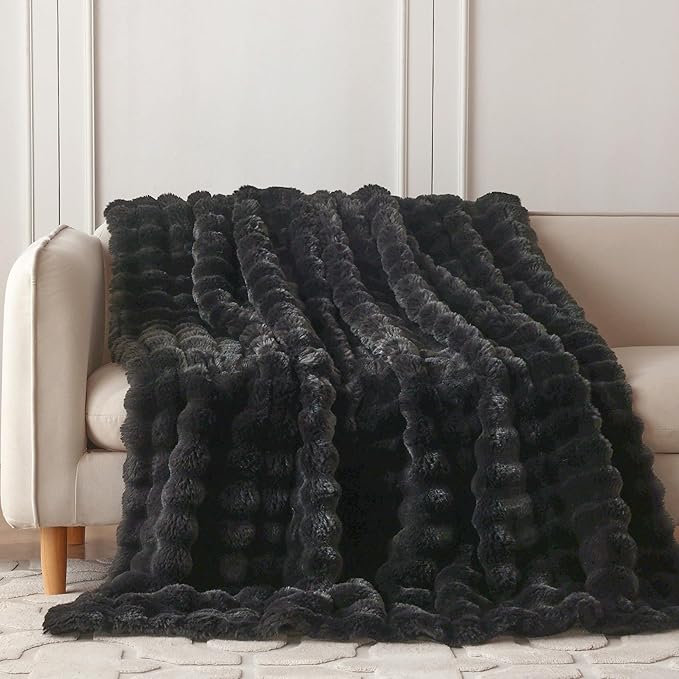 COOVA Faux Fur Throw Blanket for Couch, Cozy Soft and Fuzzy Plush Rabbit Fur Bubble Blanket for Sofa Bedroom Living Room, 60x80 Inches Black