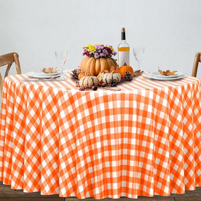 3 Pcs Orange and White Gingham Tablecloth Decorations, Disposable Round Orange Checkered Tablecloth Buffalo Plaid Table Cover for Thanksgiving Day Wedding Birthday Party Supplies,84 x 84 Inch
