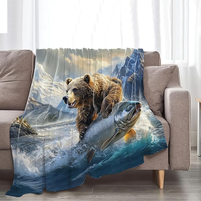 Tijuboni Bear Fish Throw Blanket Cabin Bear Gifts for Women Men Girls Boys Kids Adults Soft Flannel Fleece Blanket for Couch Sofa Bed Home Decor 60"x80"