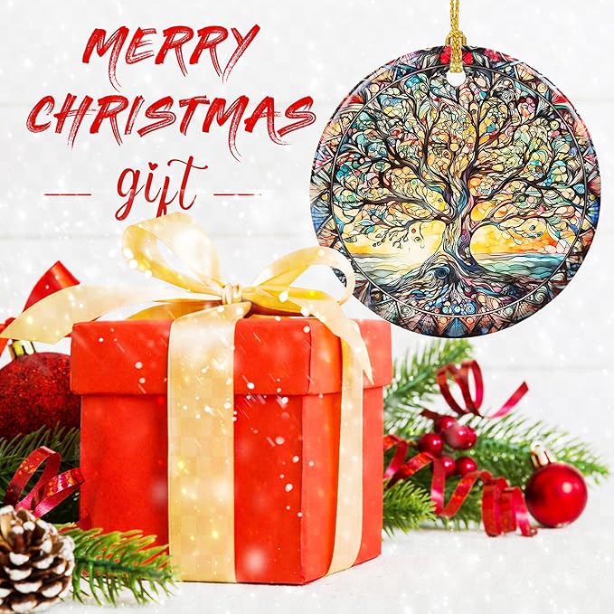 Stained Ceramic Tree of Life Ornament - Christmas Decorations for Office, Room, Home - Holiday Present Ideas