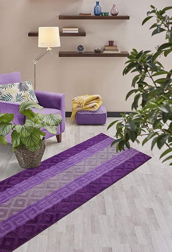Custom Size Hallway Runner Rug, Slip Resistant, 26 Inch Wide X Your Choice of Length, Meander Lilac, 26 Inch X 14 feet