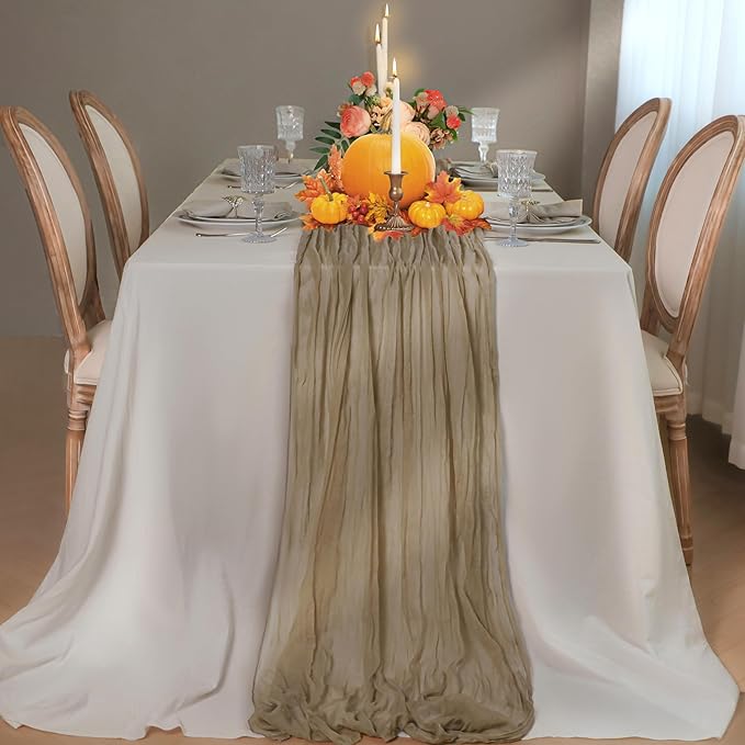 Snowkingdom 10 FT Light Brown Tan Christmas Cheesecloth Table Runner, 120 inch Long Boho Rustic Gauze Sheer Runner for Wedding Baby Shower Birthday Xmas Holiday Party Decorations
