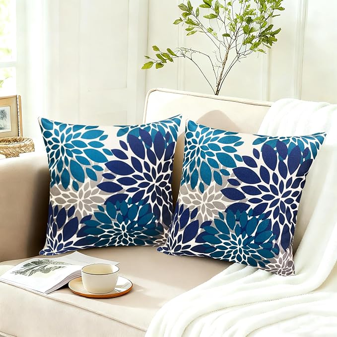 Decorative Throw Pillow Covers Set of 2 Blue Pillow Covers 20x20 Inch Couch Pillow Covers for Sofa Living Room Outdoor Throw Pillow Cover Linen Square Floral Flower Farmhouse Pillowcase
