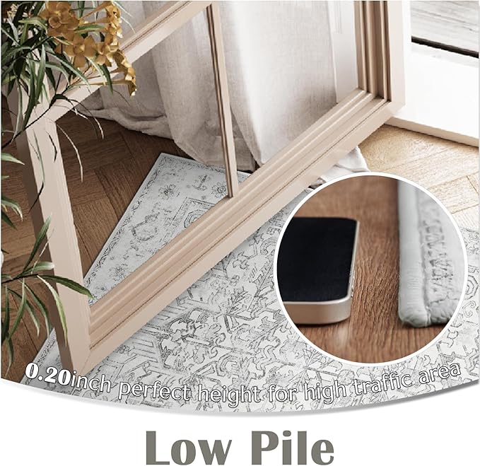 jinchan Lima Hallway Runner Rug 3x10 Washable - Vintage Floral Non Slip Low-Pile Soft Ultra-Thin Faux Wool Kitchen Rug Distressed Carpet Runner for Farmhouse Bedroom Laundry (3x10ft, Grey)