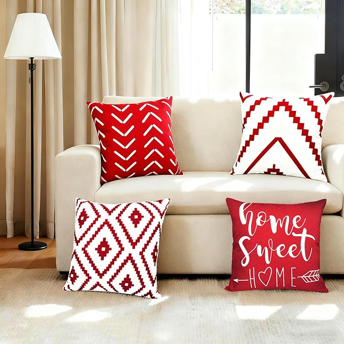 Decorative Throw Pillow Covers 22x22 inch Set of 4 Wine Red Pillow Covers for Couch Sofa Bed Living Room,Farmhouse Outdoor Throw Pillow Cover,Modern Geometric Linen Square Throw Pillow Cases