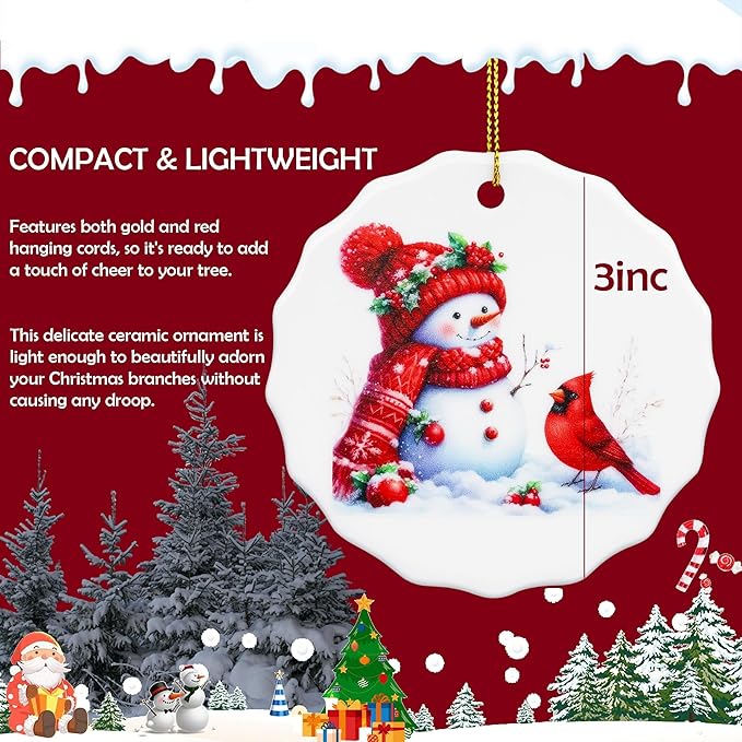 Christmas Snowman Cardinal Ornament – Ceramic Hanging Decoration for Christmas Tree, Cute Winter Snowman with Red Cardinal, Holiday Home Décor & Gift