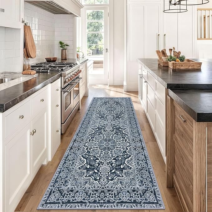KUTA Washable Kitchen Runner 3x8, Non Skid Washable 8 ft Navy Blue Runners, Printed Vintage Distressed Floral Area Rugs Ultra Soft Carpet for Bedroom Living Room