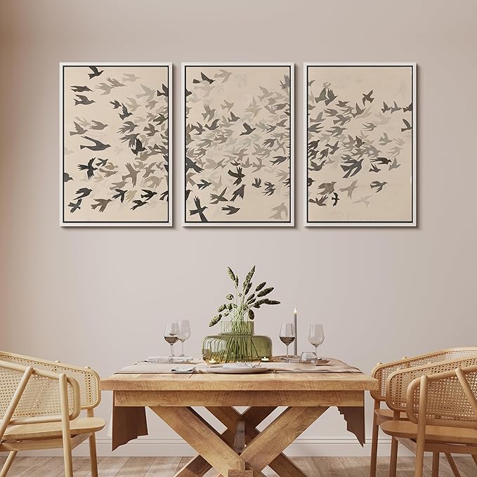 MUDECOR Framed Wall Art Print Set Minimalist Subtle Birds in Motion Illustrations Modern Art Boho Decorative Colorful Chic for Living Room, Bedroom, Office - 16"x24"x3 White