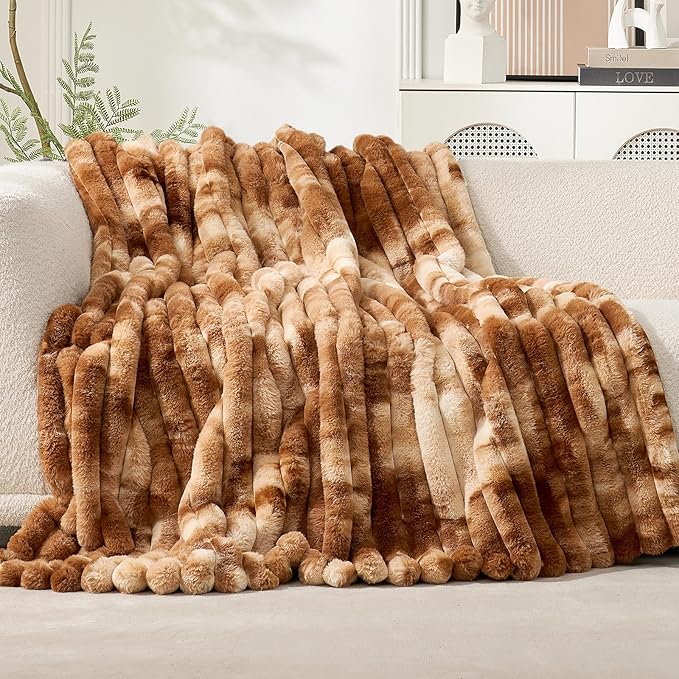 Cozy Bliss Faux Fur Throw Blanket for Couch, Cozy Warm Plush Striped Blanket for Sofa Bedroom Living Room, 108 * 90 Inches Tie-dye Brown