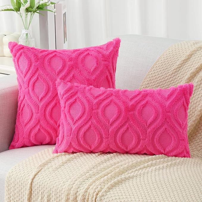 decorUhome Throw Pillow Covers 20x20 Inch Set of 2, Soft Plush Faux Wool Hot Pink Solid Couch Pillow Covers, Accent Farmhouse Neutral Square Pillow Cases for Sofa Bed Living Room