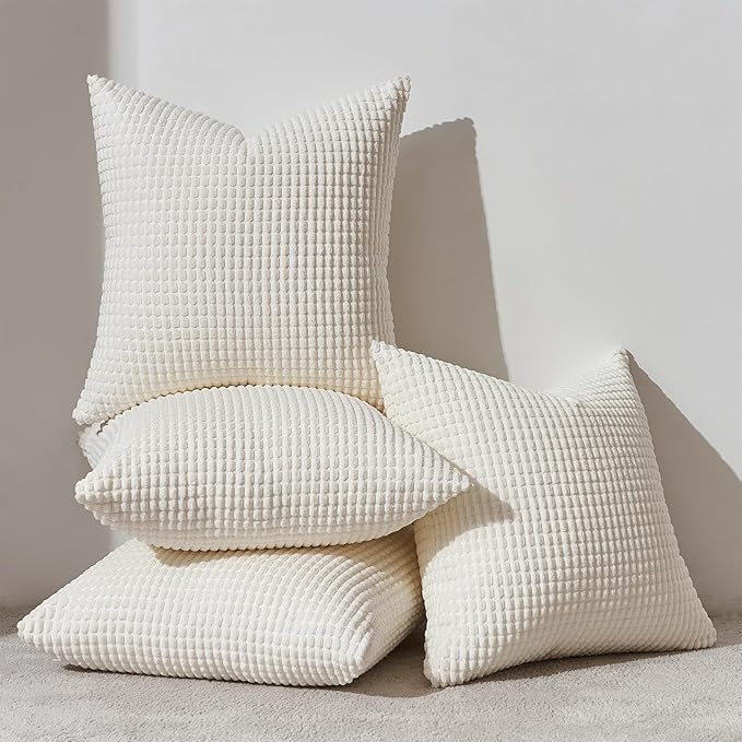 Topfinel 4 Packs Cream White Decorative Throw Pillow Covers 16x16 Inch for Living Room Couch Bed Sofa, Boho Western Farmhouse Home Decor, Soft Plush Corduroy Cute Square Beige Cushion Case 45x45 cm