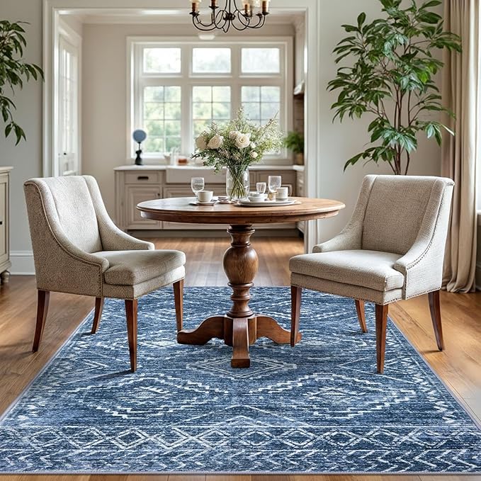 KILOCOCO Area Rug 4'x6' Entryway Rug Washable Bedroom Rugs Non Slip Printed Boho Low-Pile Rubber Backed Blue Soft Rugs for Kitchen Living Room Dining Geometric Moroccan Carpet, Stonewashed Blue