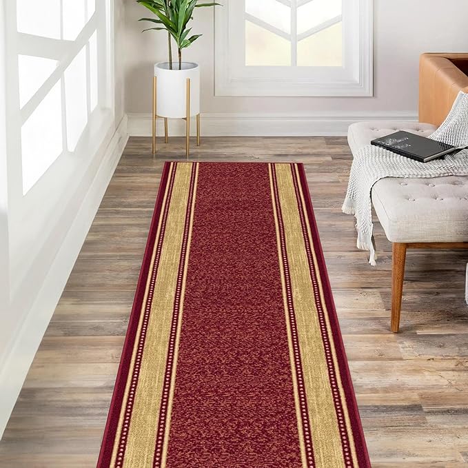 Kapaqua Custom Size Red Gold Beige Bordered Rubber Backed Non-Slip Hallway Stair Runner Rug Carpet 22 inch Wide Choose Your Length 22in X 7ft