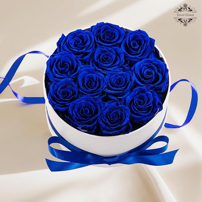 Preserved Roses in a Box, Blooming Real Roses Decor, Eternal Flowers for Delivery Prime, Best Gifts Birthday, Wedding, Anniversary, Mother's Day for Her, 12-Pieces (Blue)