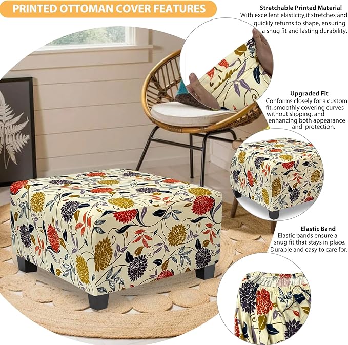Ottoman Cover Square Slipcovers Printed,Stretch Footrest Stool Cover for Ottoman Square,Soft Foot Stool Cover Protector with Nonslip Elastic Bottom (Medium,Flower B)
